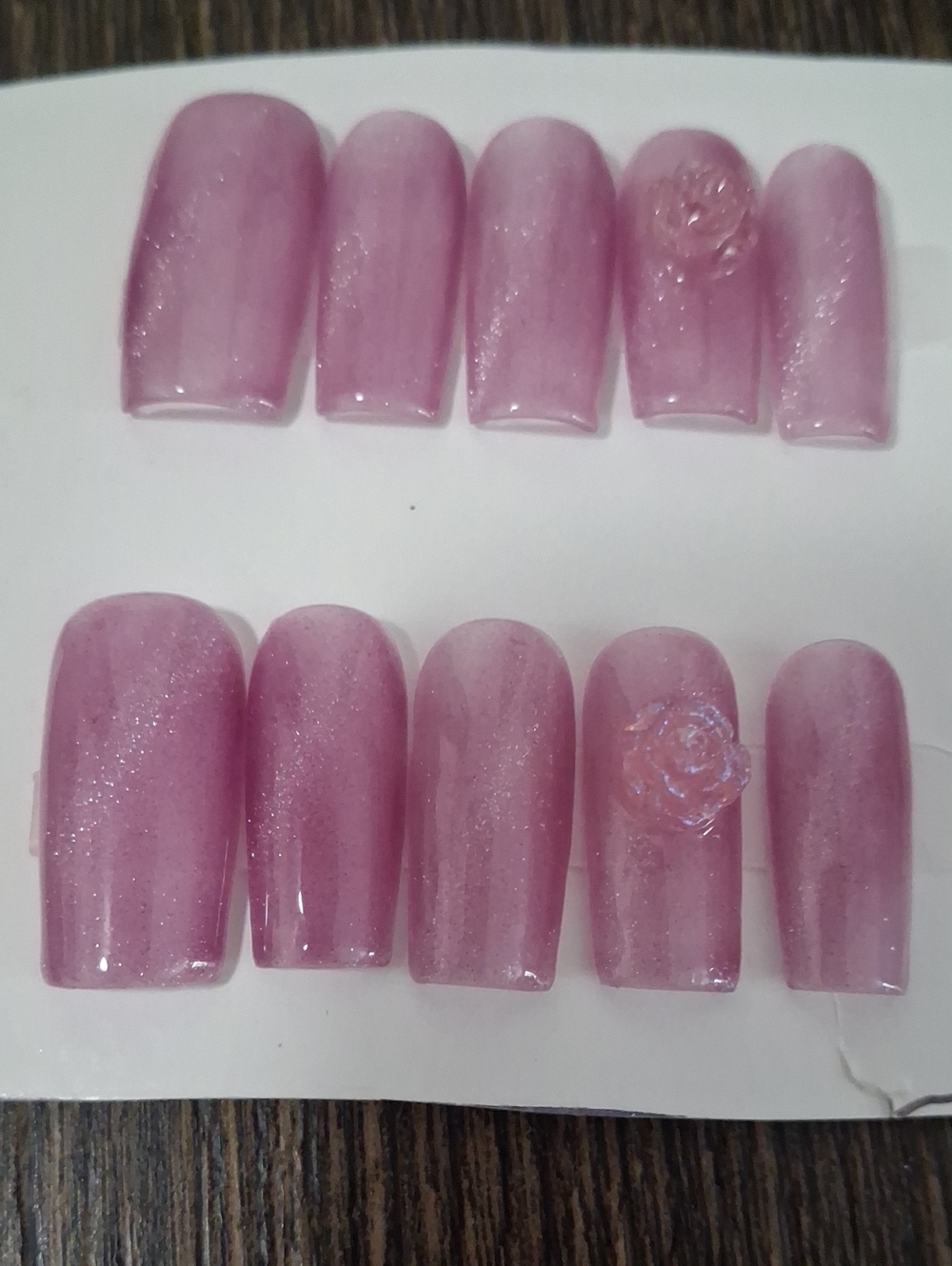 Shimmer Pink Press-On Nail Set with 3D Rose Accent